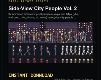 Könnte beinhalten: Ein digitales Asset-Paket mit dem Titel Fresh Printz Assets Side-View City People Vol. 2, das 32 animierte Pixel-Art-Figuren in 42px und 64px enthält, die verschiedene Aktionen wie Gehen, Laufen, Sitzen und Winken zeigen.