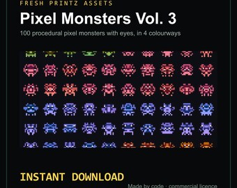 Könnte beinhalten: Eine digitale Asset-Sammlung mit dem Titel Fresh Printz Assets Pixel Monsters Vol. 3, die 100 prozedurale Pixel-Monster mit Augen in vier Farbvarianten in einem Raster auf schwarzem Hintergrund mit dem Text Instant Download zeigt.