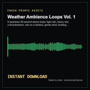 May include: A digital product graphic titled Weather Ambience Loops Vol. 1 by Fresh Printz Assets. It features a green audio waveform on a black background, listing 8 seamless 30-second stereo loops including rain and wind sounds, with text stating INSTANT DOWNLOAD.