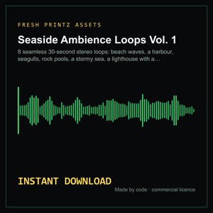 Puede incluir: Un gráfico digital con el texto FRESH PRINTZ ASSETS, Seaside Ambience Loops Vol. 1 e INSTANT DOWNLOAD. Incluye una descripción de 8 bucles estéreo continuos de 30 segundos y una forma de onda de audio verde brillante sobre fondo oscuro.