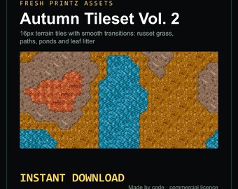 Könnte beinhalten: Ein digitales Asset-Paket mit dem Titel Fresh Printz Assets Autumn Tileset Vol. 2, das 16px-Geländekacheln mit rostfarbenem Gras, Pfaden, Teichen und Laub enthält. Die Grafik zeigt eine Draufsicht auf das texturierte braune, orange und blaue Gelände.
