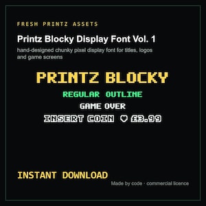 Printz Blocky Display Font, Pixel Font, Bitmap Game Font, Retro 8-Bit Typeface, Web Font e BMFont, Uso Commerciale