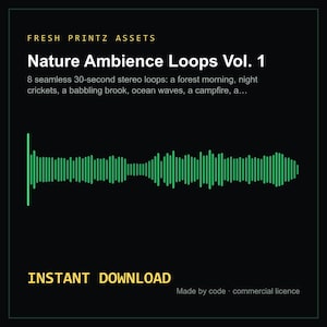 以下が含まれることがあります： Fresh Printz Assets Nature Ambience Loops Vol. 1というタイトルのデジタル製品グラフィック。森の朝、コオロギ、小川、波、焚き火などの8つのシームレスな30秒ステレオループが含まれており、緑色のオーディオ波形とテキストが表示されています。