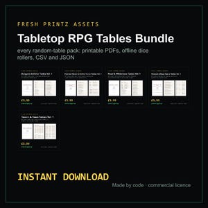 Pacote de Tabelas para RPG de Mesa, com todos os pacotes de tabelas aleatórias: PDFs para impressão, roladores de dados offline, CSV e JSON.