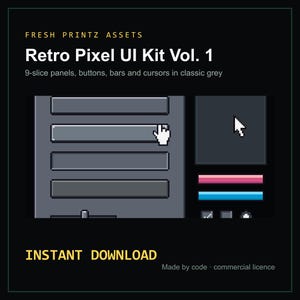 May include: A digital asset pack titled Retro Pixel UI Kit Vol. 1 featuring 9-slice panels, buttons, bars, and cursors in classic grey. The graphic displays a pixelated interface with a white pointer cursor, pink and blue bars, and text.