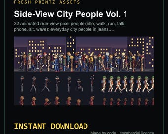 Könnte beinhalten: Ein digitales Asset-Paket mit dem Titel Fresh Printz Assets Side-View City People Vol. 1 mit 32 animierten Pixel-Art-Figuren in Seitenansicht, einschließlich Posen für Leerlauf, Gehen, Laufen, Sprechen, Telefonieren, Sitzen und Winken.