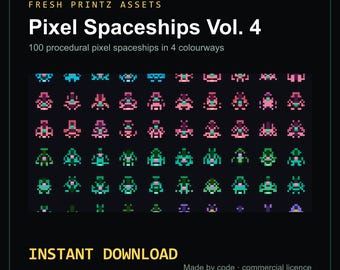 Könnte beinhalten: Eine digitale Asset-Sammlung mit dem Titel Fresh Printz Assets Pixel Spaceships Vol. 4, die 100 prozedurale Pixel-Raumschiffe in vier Farbvarianten enthält. Die Grafik zeigt Reihen kleiner, bunter, retro-artiger Raumschiff-Icons.