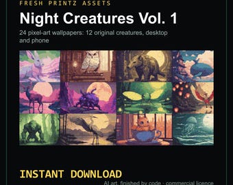 Könnte beinhalten: Eine digitale Sammlung mit dem Titel Fresh Printz Assets Night Creatures Vol. 1, die 24 Pixel-Art-Hintergrundbilder von 12 originellen Kreaturen für Desktop und Telefon enthält. Das Raster zeigt verschiedene Szenen, darunter eine Eule und einen Bären.