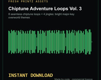 Könnte beinhalten: Eine digitale Produktgrafik mit dem Titel Fresh Printz Assets Chiptune Adventure Loops Vol. 3. Sie zeigt eine hellgrüne Schallwellen-Visualisierung auf schwarzem Hintergrund mit Text zu 8 nahtlosen Loops und 4 Jingles.