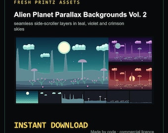 Könnte beinhalten: Digitales Asset-Paket mit dem Titel Alien Planet Parallax Backgrounds Vol. 2 mit Pixel-Art-Side-Scroller-Ebenen. Die Grafiken zeigen außerirdische Landschaften mit türkisfarbenen, violetten und karmesinroten Himmeln, pilzartigen Pflanzen.