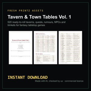 Tavern and Town Random Tables, Fantasy TTRPG Game Master Tool, Rollable Encounters and NPCs, Printable PDF and Dice Roller