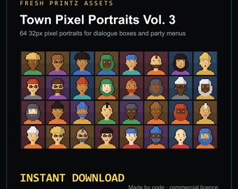 Könnte beinhalten: Ein digitales Asset-Paket mit dem Titel Town Pixel Portraits Vol. 3, das 64 32px Pixel-Art-Charakterporträts in einem Raster zeigt. Der Text enthält Fresh Printz Assets, 64 32px pixel portraits for dialogue boxes and party menus, Instant Download und Made by code commercial licence.