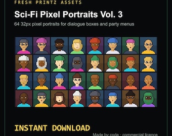 Könnte beinhalten: Eine digitale Asset-Sammlung mit dem Titel Fresh Printz Assets Sci-Fi Pixel Portraits Vol. 3, bestehend aus 64 32px Pixel-Art-Charakterporträts in einem Raster für Dialogboxen und Menüs, inklusive einer Kennzeichnung für Sofort-Download.