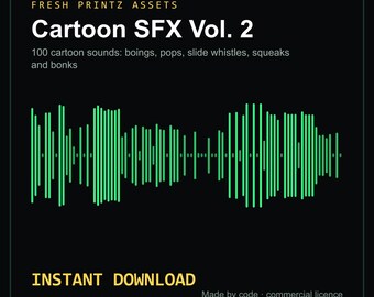 Könnte beinhalten: Ein digitales Produktcover mit dem Titel Fresh Printz Assets Cartoon SFX Vol. 2, das 100 Cartoon-Sounds wie Boings, Pops, Trillerpfeifen, Quietschen und Knallen enthält. Eine hellgrüne Schallwellengrafik auf schwarzem Hintergrund.