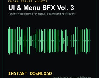 Könnte beinhalten: Ein digitales Produktcover mit dem Titel FRESH PRINTZ ASSETS UI & Menu SFX Vol. 3, das 156 Interface-Sounds für Menüs, Schaltflächen und Benachrichtigungen enthält. Das Design zeigt eine hellgrüne Schallwelle auf schwarzem Grund.