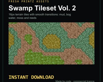 Könnte beinhalten: Ein digitales Asset-Paket mit dem Titel Fresh Printz Assets Swamp Tileset Vol. 2, das 16px-Geländekacheln mit fließenden Übergängen aus Schlamm, Sumpfwasser, Moos und Schilf enthält und eine Draufsicht auf eine sumpfige Landschaft in Grün- und Brauntönen zeigt.