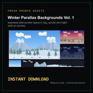 Op de afbeelding: Een digitaal assetpakket getiteld Fresh Printz Assets Winter Parallax Backgrounds Vol. 1, met naadloze side-scroller lagen in dag-, zonsondergang- en nachtthema's met een aurora. De weergave toont besneeuwde berglandschappen met dennenbomen.
