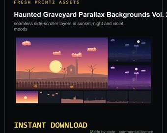 Könnte beinhalten: Digitales Asset-Paket mit dem Titel FRESH PRINTZ ASSETS Haunted Graveyard Parallax Backgrounds Vol. 2 mit nahtlosen Side-Scroller-Ebenen in Sonnenuntergangs-, Nacht- und Violett-Stimmungen mit Pixel-Art-Friedhöfen, Kürbissen und Wolken.