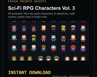 Könnte beinhalten: Ein digitales Asset-Paket mit dem Titel Fresh Printz Assets Sci-Fi RPG Characters Vol. 3, das 48 animierte 16px Top-Down-Charaktere in hellen Raumanzügen mit Gehzyklen in vier Richtungen auf einem dunklen Hintergrund zeigt.