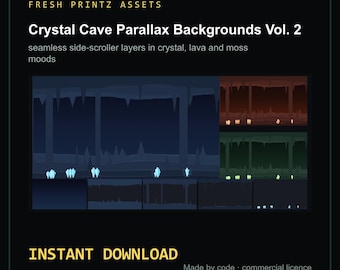 Könnte beinhalten: Digitales Asset-Paket mit dem Titel Fresh Printz Assets Crystal Cave Parallax Backgrounds Vol. 2 mit nahtlosen Side-Scroller-Ebenen in Kristall-, Lava- und Moos-Stimmungen. Die Grafik zeigt Höhlenumgebungen mit Stalaktiten und leuchtenden Elementen.