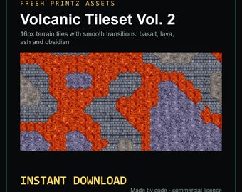 Könnte beinhalten: Ein digitales Asset-Paket mit dem Titel Fresh Printz Assets Volcanic Tileset Vol. 2, das 16px Geländekacheln mit fließenden Übergängen aus Basalt, Lava, Asche und Obsidian enthält. Die Grafik zeigt eine Draufsicht auf eine Vulkanlandschaft mit orangefarbener Lava.