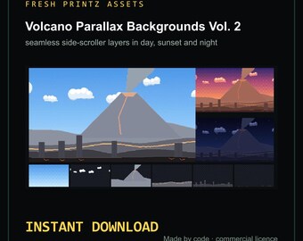 Könnte beinhalten: Digitales Asset-Paket mit dem Titel FRESH PRINTZ ASSETS Volcano Parallax Backgrounds Vol. 2 mit nahtlosen Side-Scroller-Ebenen für Tag, Sonnenuntergang und Nacht. Enthält Pixel-Art-Vulkanlandschaften mit Rauch, Wolken und Lava.