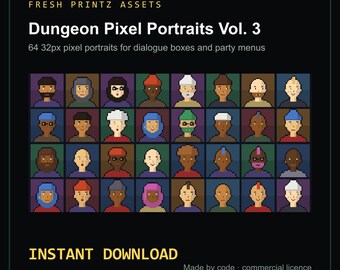 Könnte beinhalten: Eine digitale Asset-Sammlung mit dem Titel Fresh Printz Assets Dungeon Pixel Portraits Vol. 3, die 64 32px Pixel-Art-Charakterporträts in einem Raster für Dialogboxen und Menüs enthält, verfügbar als sofortiger Download.