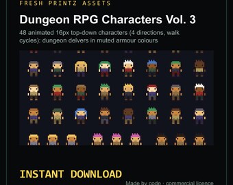 Könnte beinhalten: Ein digitales Asset-Paket mit dem Titel Fresh Printz Assets Dungeon RPG Characters Vol. 3, das 48 animierte 16px Top-Down-Pixel-Art-Charaktere in gedeckten Rüstungsfarben zeigt, angeordnet in einem Raster auf dunklem Hintergrund mit Download-Text.