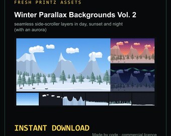 Könnte beinhalten: Ein digitales Asset-Paket mit dem Titel Fresh Printz Assets Winter Parallax Backgrounds Vol. 2, das nahtlose Side-Scroller-Ebenen bei Tag, Sonnenuntergang und Nacht mit Bergen, Tannen, Wolken und einem Polarlicht-Display zeigt.