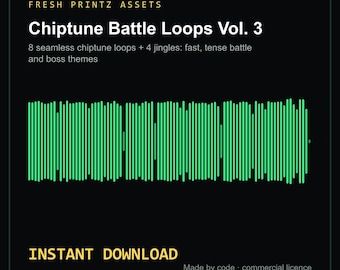 Könnte beinhalten: Ein digitales Audio-Asset-Paket mit dem Titel Fresh Printz Assets Chiptune Battle Loops Vol. 3, das 8 nahtlose Chiptune-Loops und 4 Jingles für Kampf- und Boss-Themen enthält, dargestellt mit einer grünen Schallwelle auf schwarzem Grund.