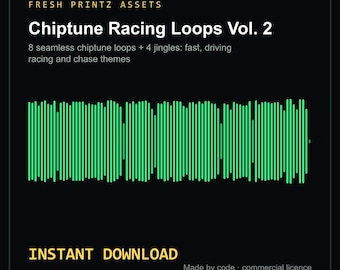 Könnte beinhalten: Ein digitales Produktcover mit dem Titel Fresh Printz Assets Chiptune Racing Loops Vol. 2, das 8 nahtlose Loops und 4 Jingles enthält. Eine hellgrüne Tonwellenform ist auf schwarzem Hintergrund mit dem Text Instant Download.