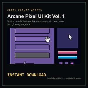 May include: A digital UI kit titled Arcane Pixel UI Kit Vol. 1 featuring 9-slice panels, buttons, bars, and cursors in deep violet and glowing magenta. The graphic displays a pixelated interface with a white mouse cursor and text elements.
