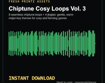 Könnte beinhalten: Ein digitales Asset-Paket mit dem Titel Fresh Printz Assets Chiptune Cosy Loops Vol. 3, das 8 nahtlose Chiptune-Loops und 4 Jingles enthält. Die Grafik zeigt eine hellgrüne Schallwellen-Visualisierung auf schwarzem Grund.