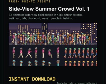 Könnte beinhalten: Ein digitales Asset-Paket mit dem Titel Side-View Summer Crowd Vol. 1 mit 32 animierten Pixel-Personen in 42px und 64px. Die Grafik zeigt verschiedene Charaktere in Sommerkleidung, die Aktionen wie Gehen, Sitzen und Winken vor einer Skyline ausführen.