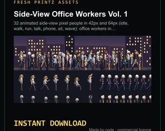 Könnte beinhalten: Ein digitales Asset-Paket mit dem Titel Fresh Printz Assets Side-View Office Workers Vol. 1, das 32 animierte Pixel-Art-Figuren in 42px und 64px enthält, dargestellt in verschiedenen Posen wie Gehen, Laufen, Sprechen und Sitzen vor einer Skyline.