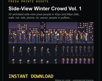 Könnte beinhalten: Ein digitales Asset-Paket mit dem Titel Fresh Printz Assets Side-View Winter Crowd Vol. 1, das 32 animierte Pixel-Personen in 42px und 64px enthält. Die Figuren tragen Winterkleidung, darunter Daunenjacken, und führen Aktionen wie Gehen, Laufen, Sprechen und Sitzen aus.
