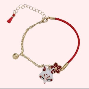 Kitsune Fox bracelet in stainless steel- red cord charm with sakura flower and lucky bell - Japanese style jewelry