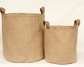 Hessian Burlap Storage Basket Bucket- Leather Handles - Eco Friendly Rustic Jute Storage - UK - Nursery, Plant Pot Holder, Tidy, Organiser