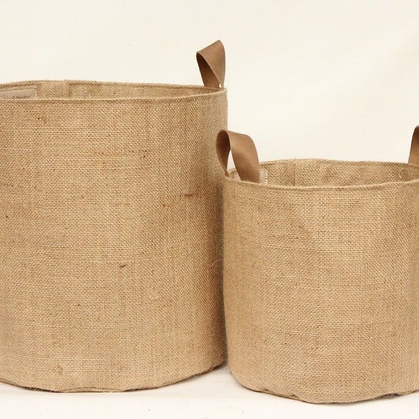 Hessian Burlap Storage Basket Bucket- Leather Handles - Eco Friendly Rustic Jute Storage - UK - Nursery, Plant Pot Holder, Tidy, Organiser