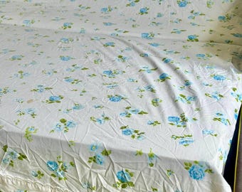 Vintage 70er Jahre Tastemaker Blumen Bettlaken blaue Rosen, seltener Druck, Made in USA, 182 x 104 cm, Shabby Chic Bettwäsche