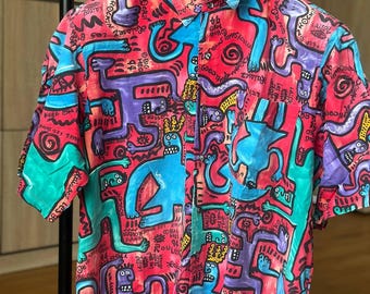 Chemise vintage des années 90 à grosse tête : haut de festival rétro, style Keith Haring