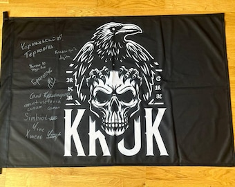 Signed Ukrainian Military Flag “Kruk” Unit – Black Flag with Raven Autographs from Soldiers, War souvenir from Ukraine