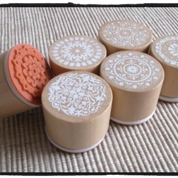 Rubber Stamp Set - Lace / Circle, Doily, Pattern, Wedding Stamp, Round, Wooden // Set of 6