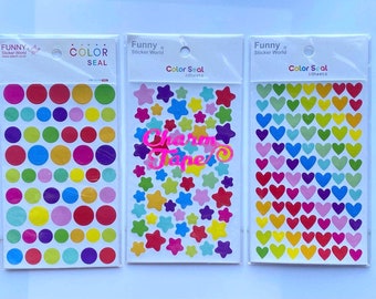Funny Rainbow Color sticker 6 sheets per pack heart, dots, stars peel and stick