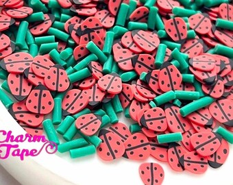 Ladybirds on grass sprinkles Mix, Confetti polymer ladybug clay slices Fimo Topping Tiny Decoden Faux Miniature SP410