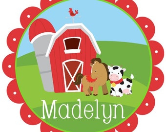 Iron on Decal, Iron on design Sweet little farm girl barn and animals with scallops Iron on