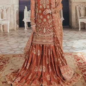 Orange  Bridal Barat Gharara | Pakistani Designer Wedding Reception/Engagement Dress | Guest Partywear | Indian Suits | Gift for her