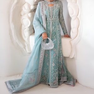 Ice Blue Pakistan Indian Women Maxi, Maria B Designer, Hand Made Lehenga, Fully Embroidered, Wedding Wear, Ready Made, Formal Event.