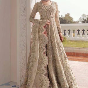 Gold Net Maxi | Pakistani Designer Wedding Nikah/Engagement/Walima Gown | Indian wedding Long Frock | Guest Partywear outfit | gift for her