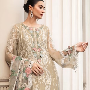 Embroidered Chiffon Pakistani Dress: 3D Flowers, Pearl Work - Etsy